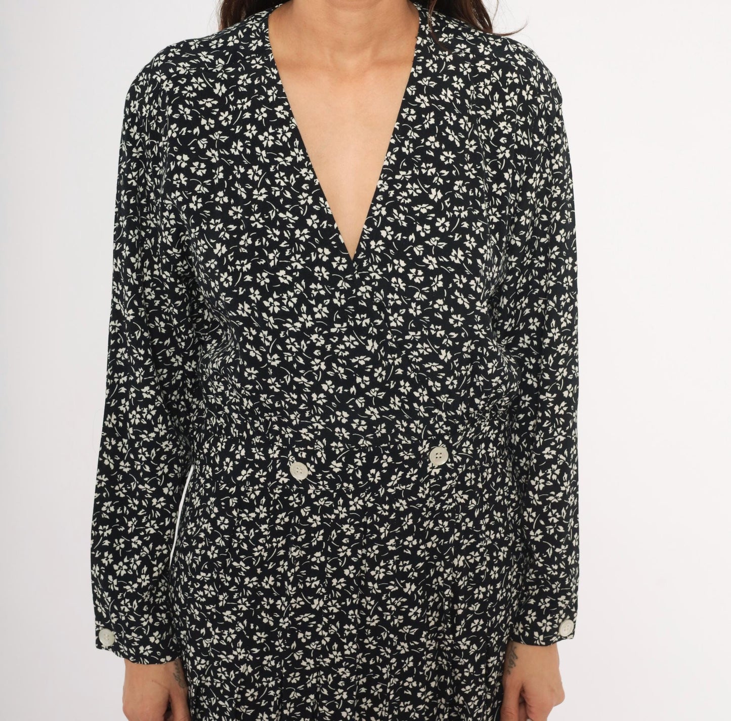 90s Liz Claiborne Black White Floral Midi Dress Double Breasted Large L