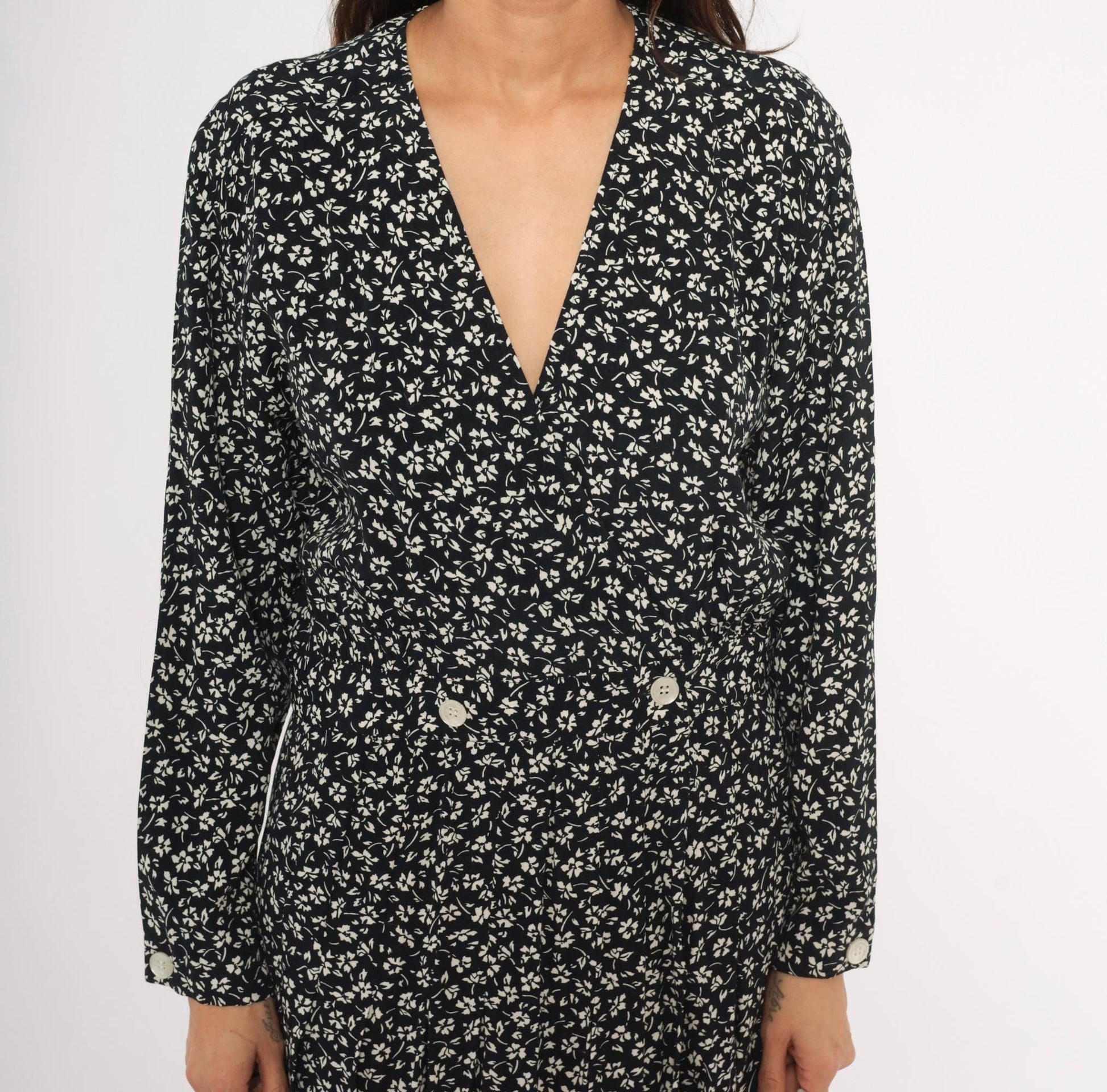 90s Liz Claiborne Black White Floral Midi Dress Double Breasted Large L