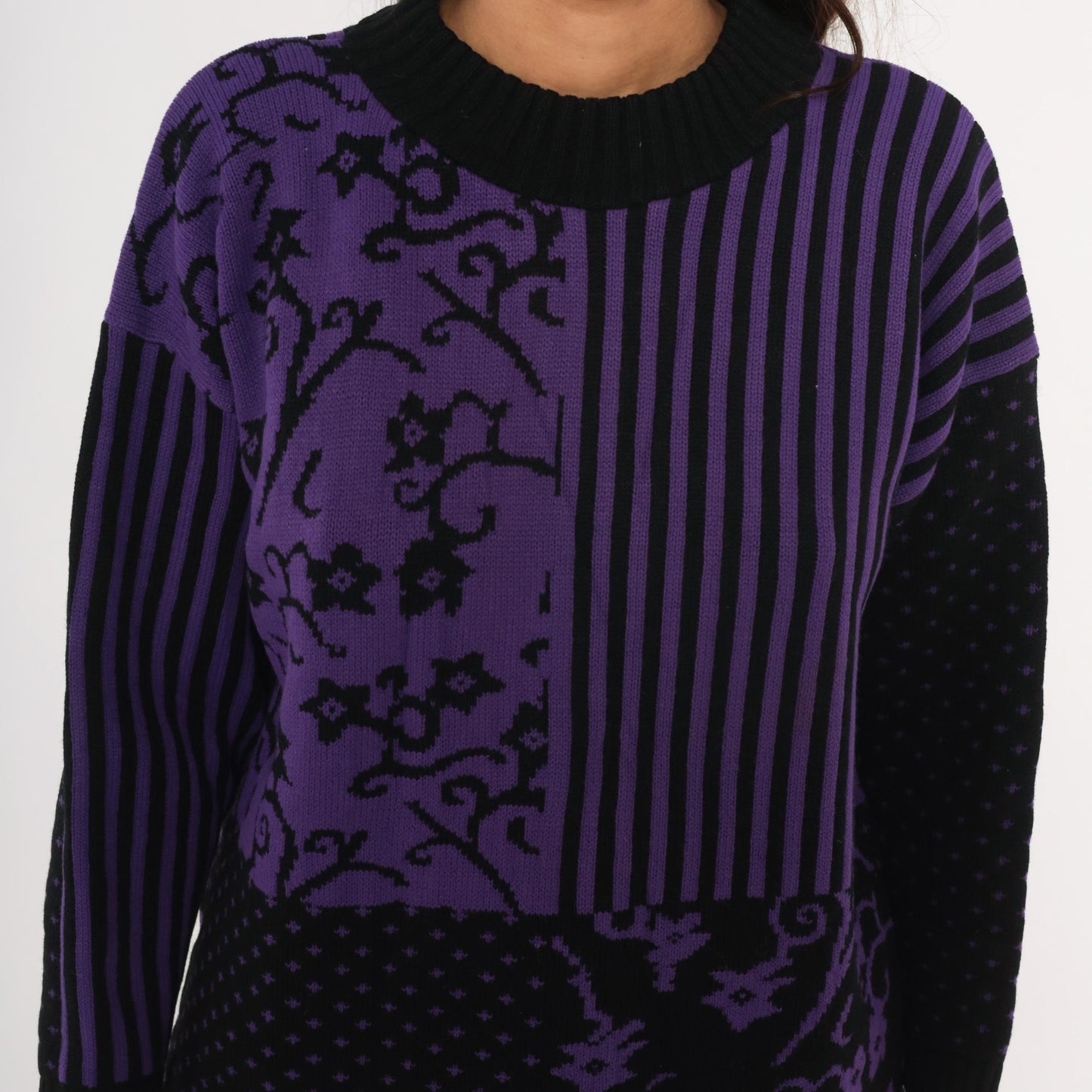 90s Sweater Exchange Purple Mock Neck Knit Patchwork Jacquard Large