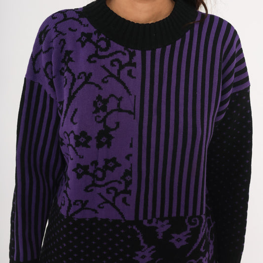 90s Sweater Exchange Purple Mock Neck Knit Patchwork Jacquard Large