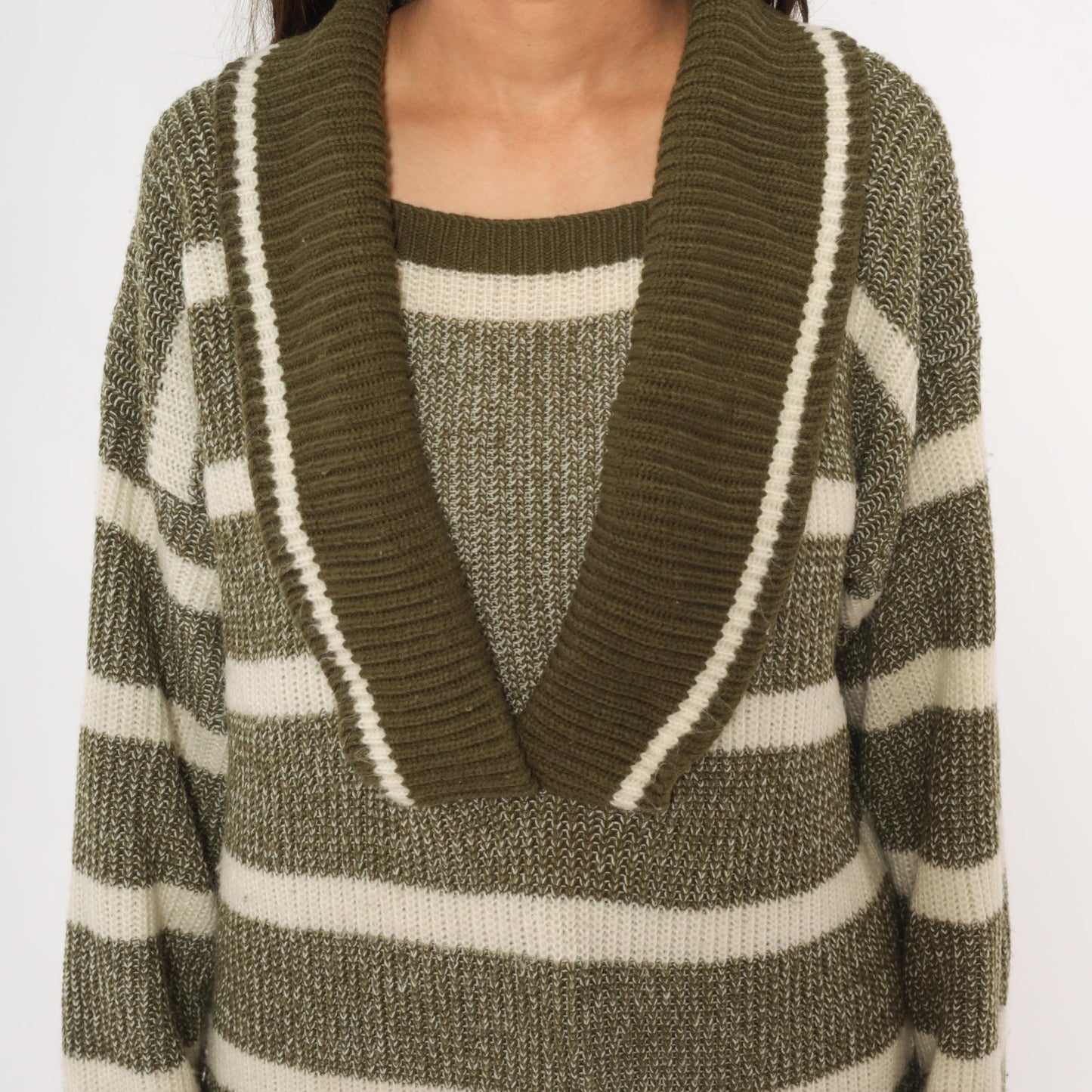80s Olive Cream Striped Shawl Collar Sweater Knit Pullover Medium