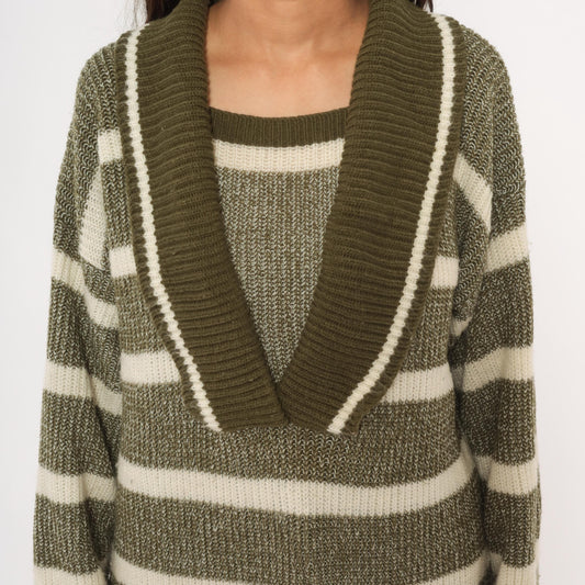 80s Olive Cream Striped Shawl Collar Sweater Knit Pullover Medium