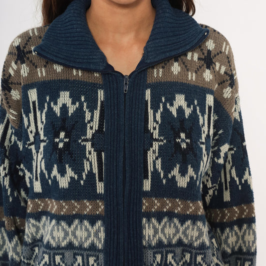 80s London Fog Fair Isle Zip Cardigan Navy Taupe Cream Snowflake Medium