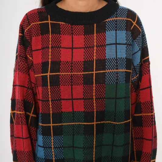 90s Venezia Plaid Knit Pullover Tartan Crewneck Multicolor Extra Large