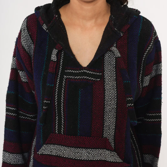 90s Baja Hoodie Striped Navy Burgundy Black Herringbone Weave Small S