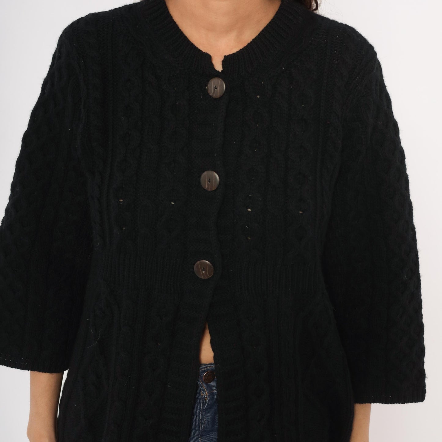90s Kilronan Knitwear Black Cable Knit Cardigan Wool Crew Neck Medium M