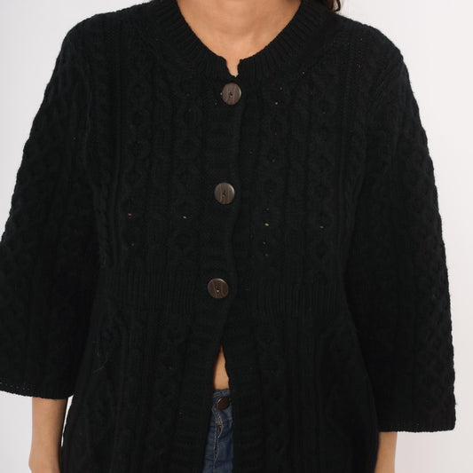 90s Kilronan Knitwear Black Cable Knit Cardigan Wool Crew Neck Medium M