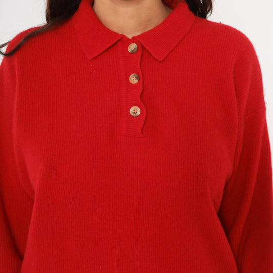 90s Outback Red Polo Sweater Wool Knit Collared Button Pullover Medium