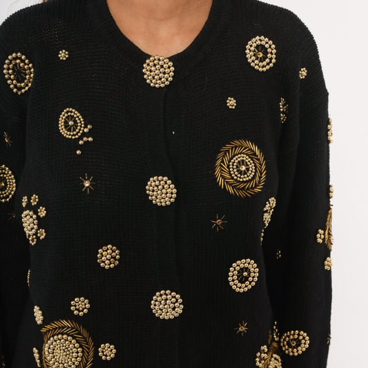 90s Fitting Image Black Cardigan Gold Beaded Medallion Embroidery Extra Large XL