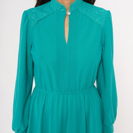 1970s Jane Baar Teal Knee-Length Dress Lace Collar Pintuck Bodice Small S