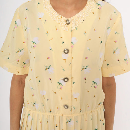 80s Leslie Fay Butter Yellow Floral Midi Dress Lace Collar Pleated Skirt Large L