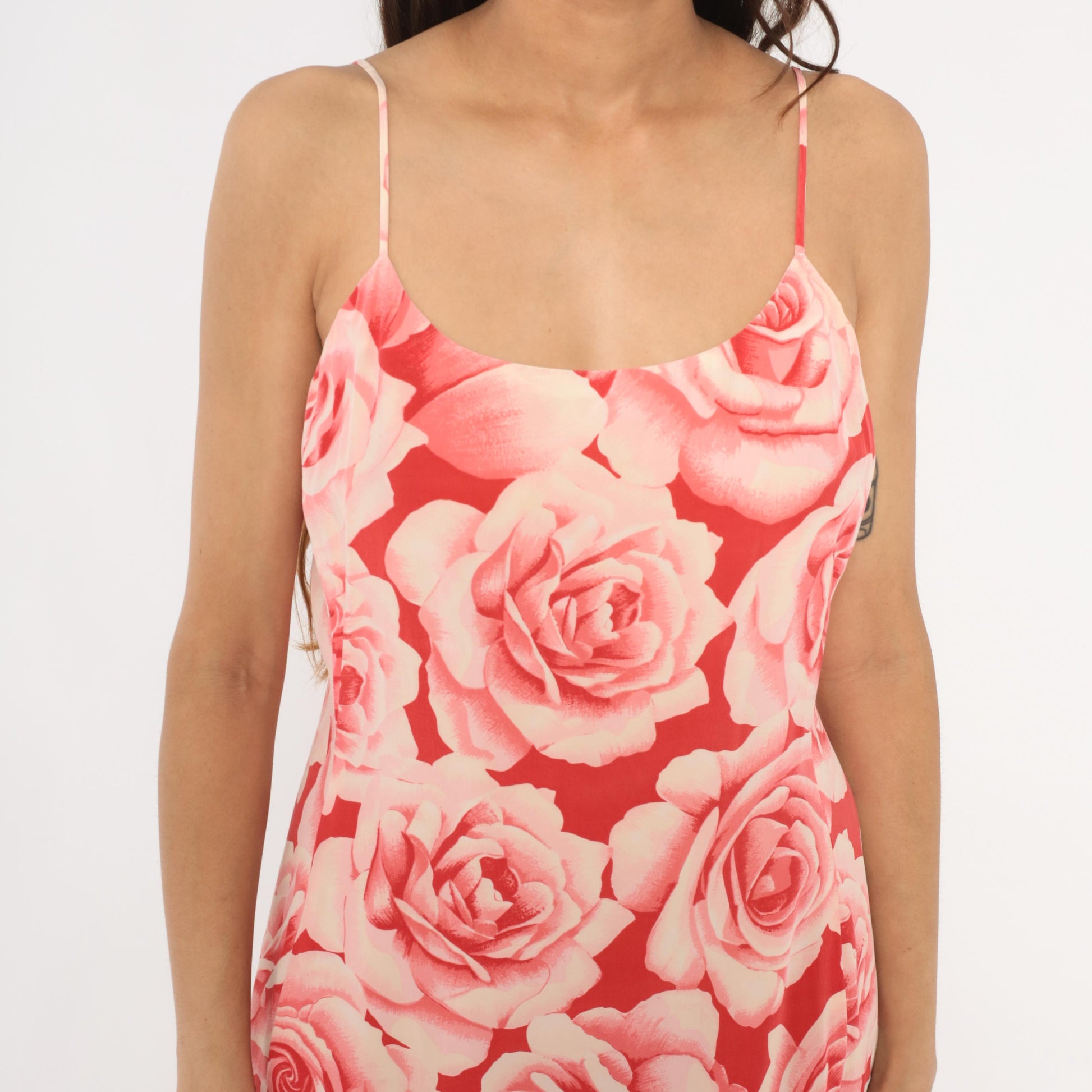 Y2K Neiman Marcus Silk Rose Print Slip Dress Pink Red Midi Slit Small S
