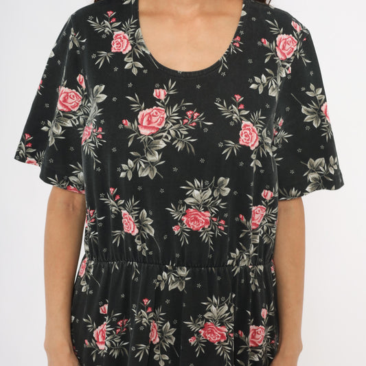 90s Black Midi Dress Pink Rose Floral Print Elastic Waist Cotton Medium M