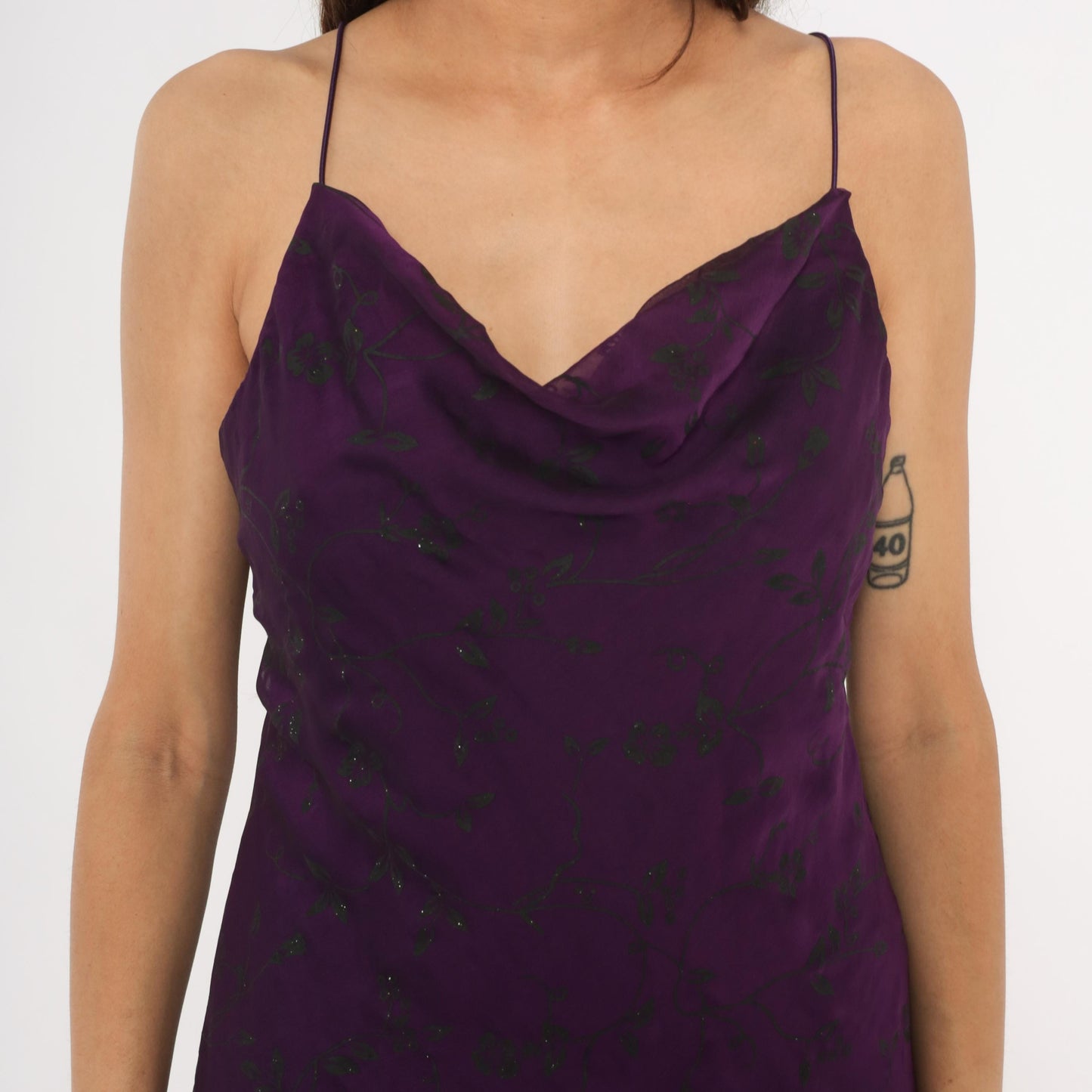 Y2K Purple Cowl Neck Slip Dress Floral Chiffon Overlay Spaghetti Strap Extra Large XL