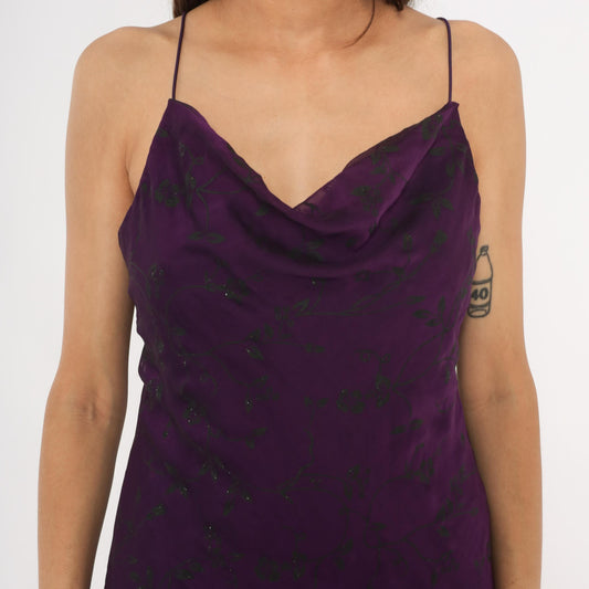 Y2K Purple Cowl Neck Slip Dress Floral Chiffon Overlay Spaghetti Strap Extra Large XL