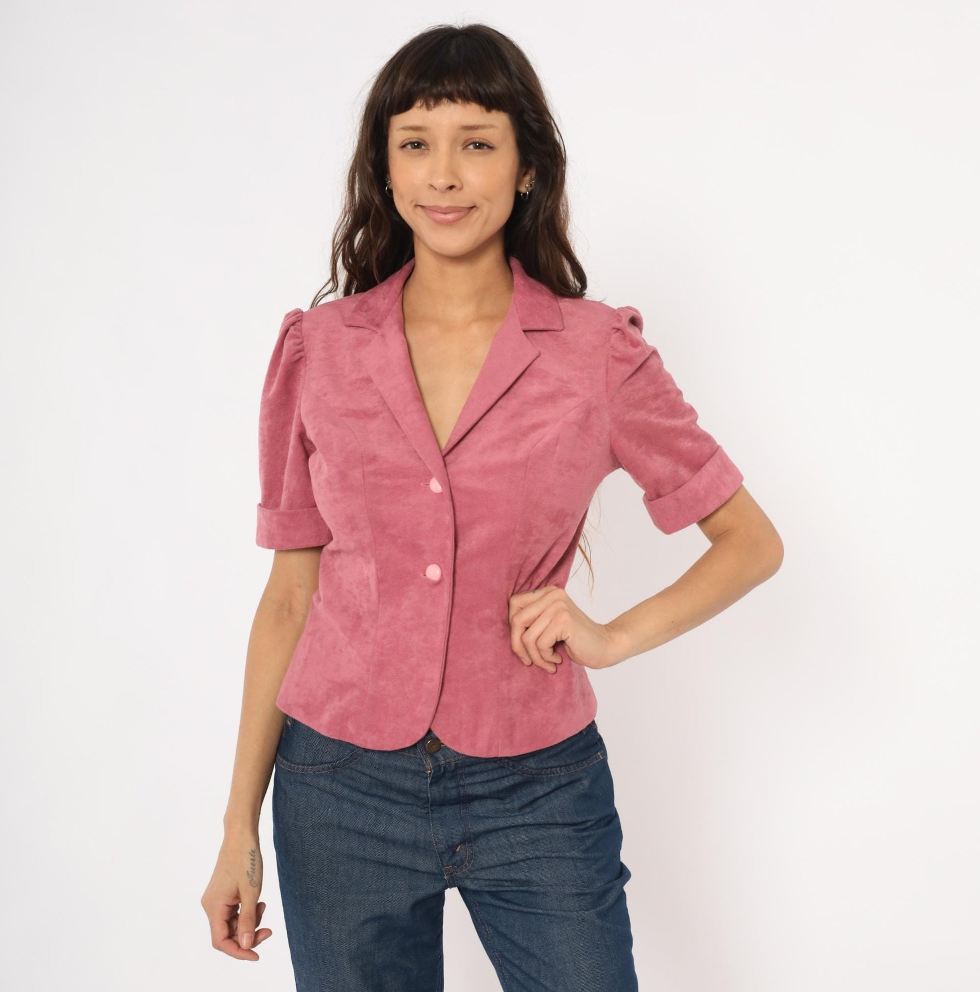 80s Mauve Puff Sleeve Blazer Pink Notched Lapel Fitted Cropped Jacket Small S