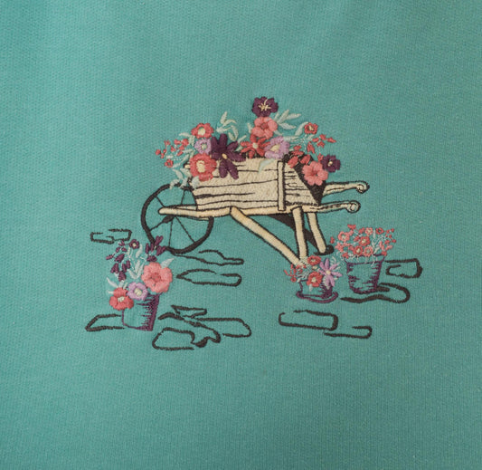 90s Shenanigans Embroidered Garden Wheelbarrow Sweatshirt Teal Medium