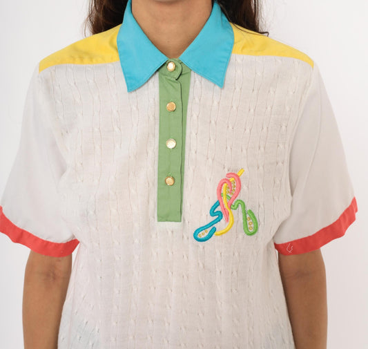 80s Joyce Colorblock Cable Knit Polo Embroidered Multicolor Medium