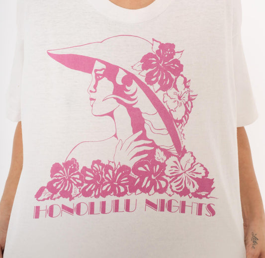 90s Honolulu Nights Fruit of the Loom Crop Tee White Pink Hibiscus Medium Large