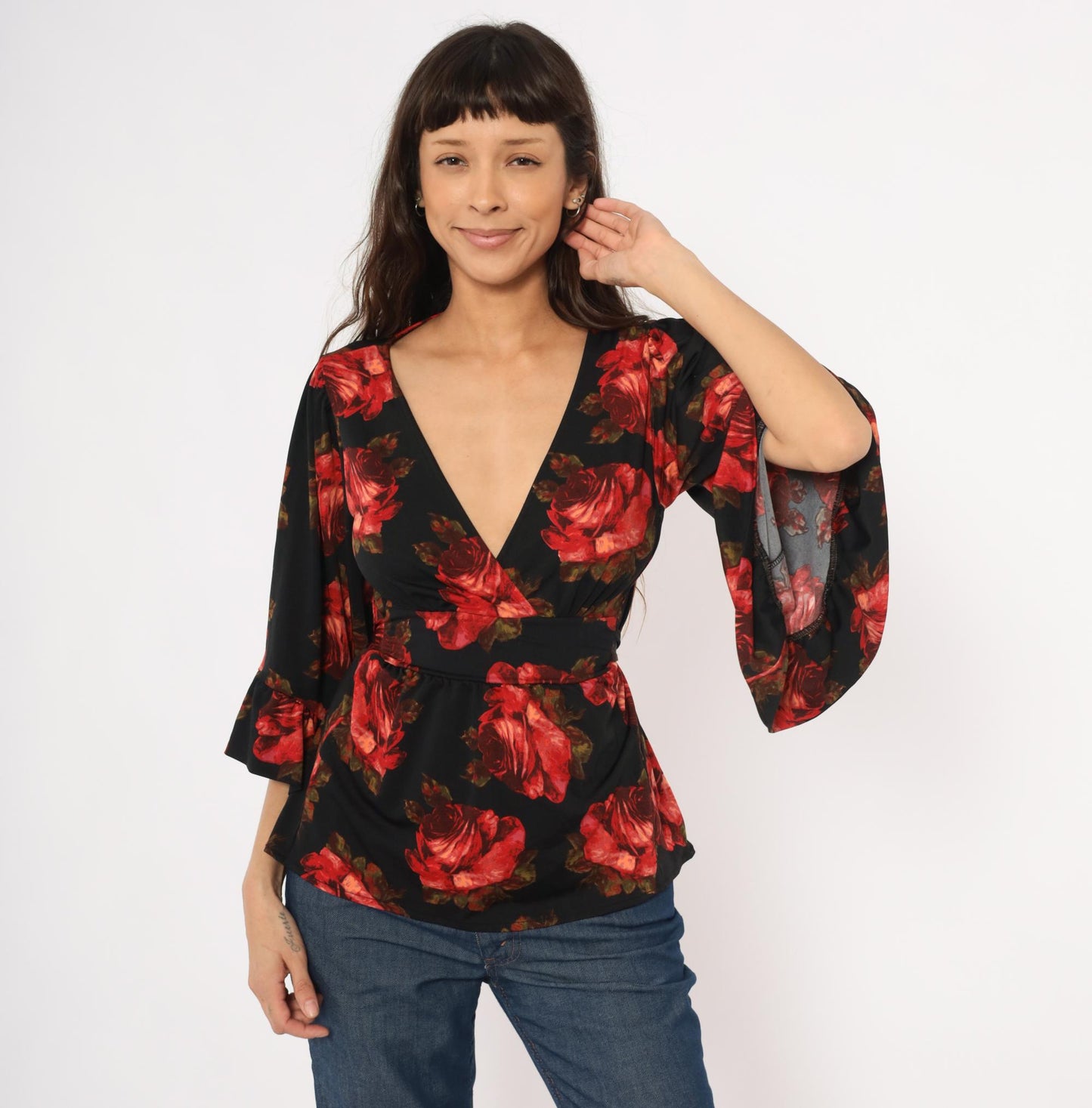 Betsey Johnson 2000s Rose Print Wrap Top Black Bell Sleeve Peplum Small