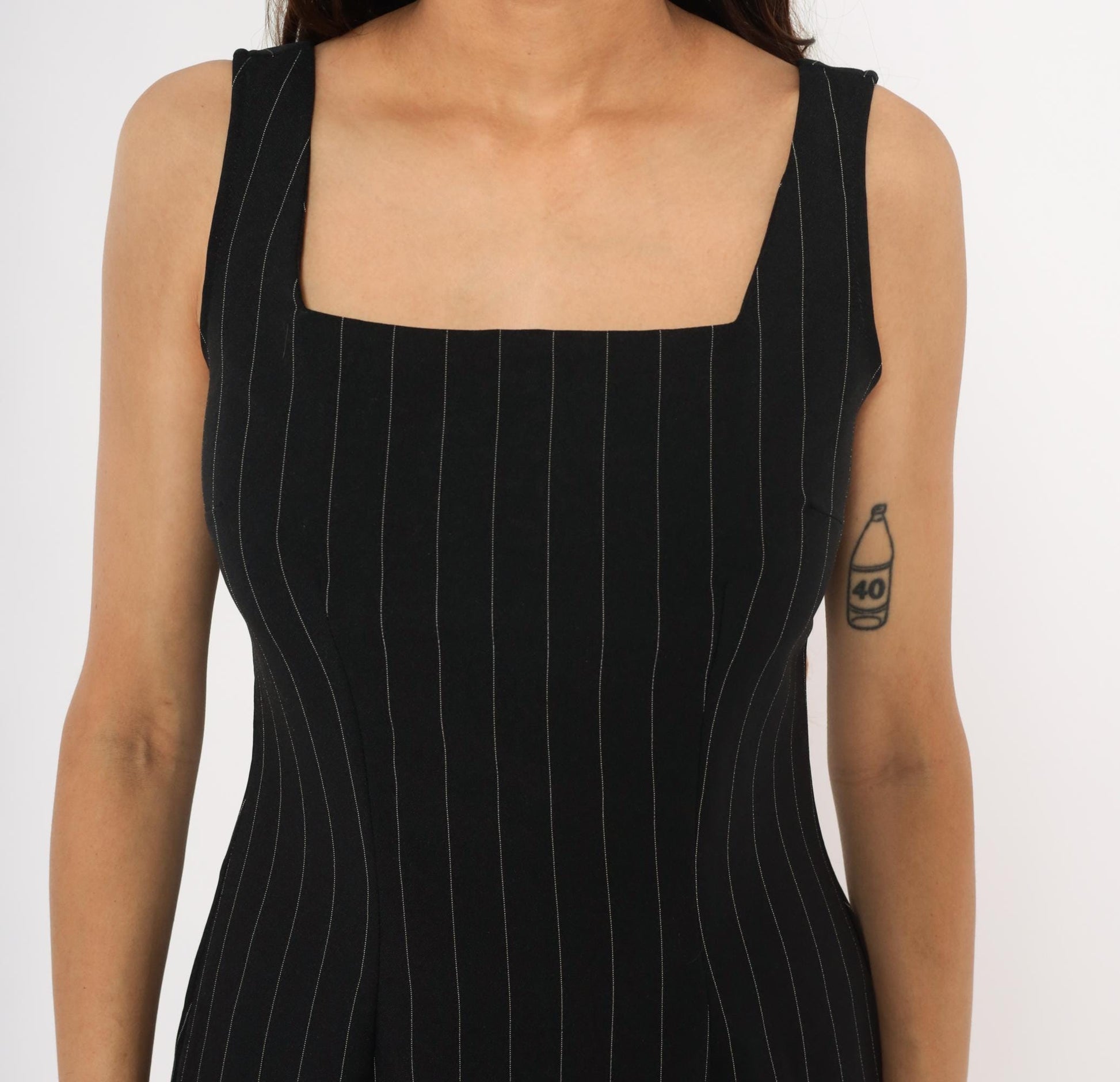 90s B Time Pinstripe Mini Dress Black White Stripes Square Neckline Small