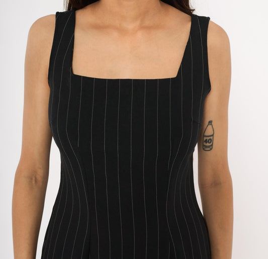 90s B Time Pinstripe Mini Dress Black White Stripes Square Neckline Small