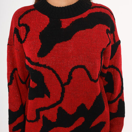 90s Rose Red Black Abstract Knit Pullover Shimmer Sweater Medium M