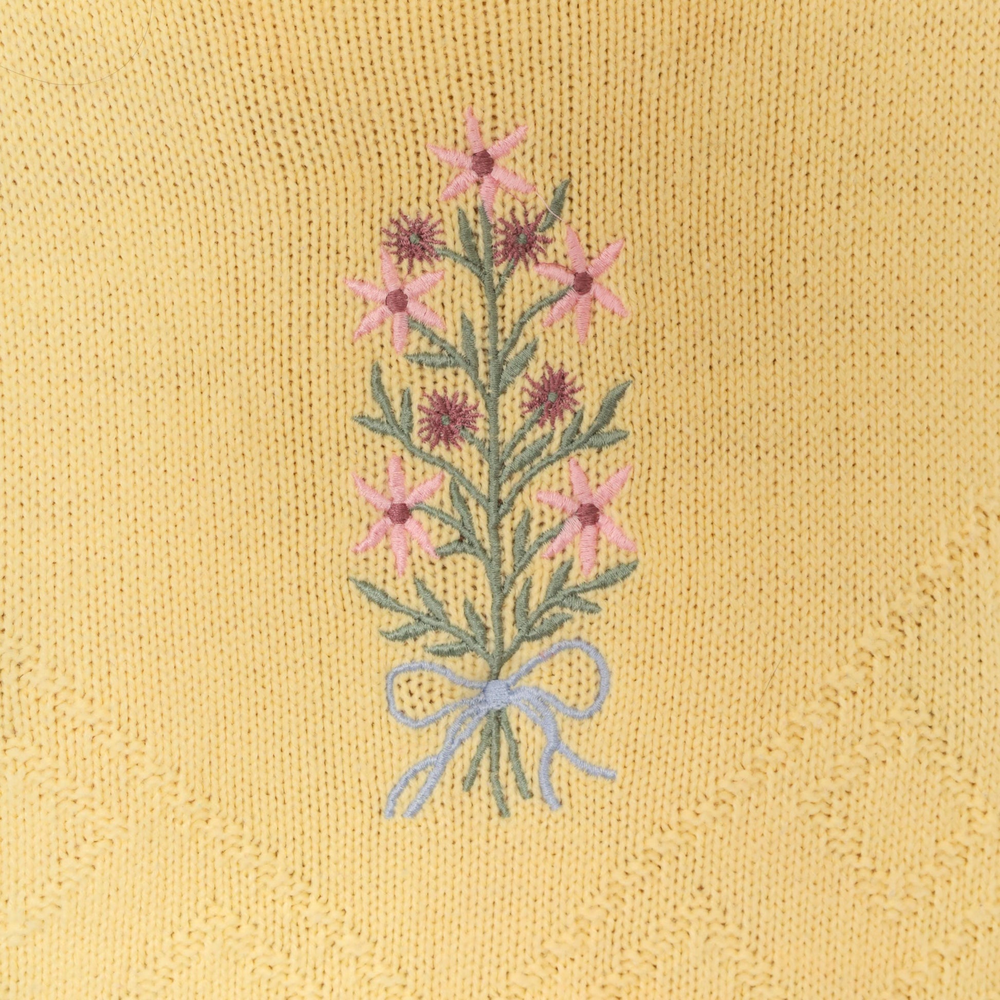 80s Liz Thomas Embroidered Floral Bouquet Knit Pullover Yellow Medium M