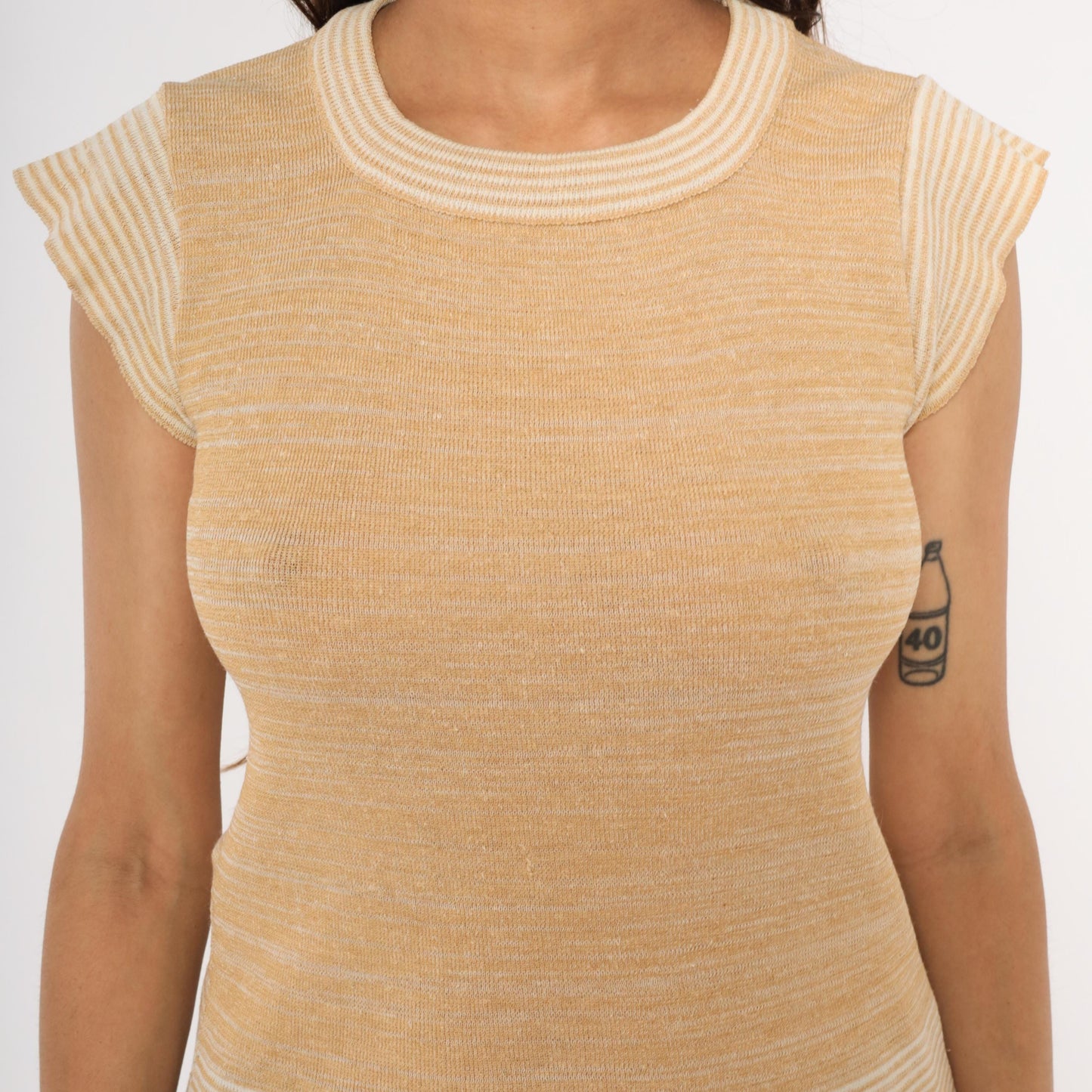70s Tan Cream Striped Knit Top Cap Sleeve Scoop Neck Small S