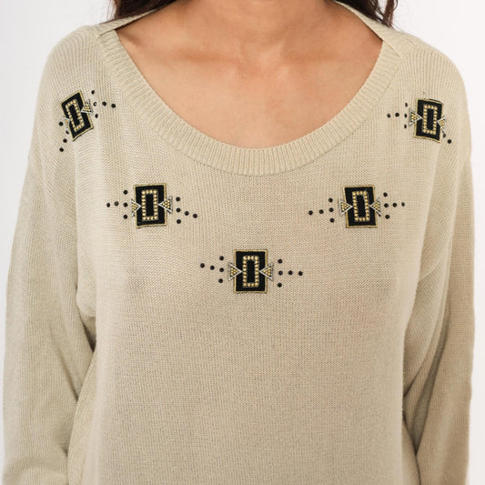 80s Fern Wagner Tan Knit Sweater Beaded Geometric Applique Small