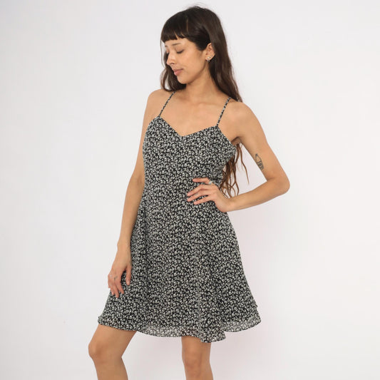 90s Ann Taylor Black White Ditsy Floral Sundress V Neck Spaghetti Strap Knee Length Large L