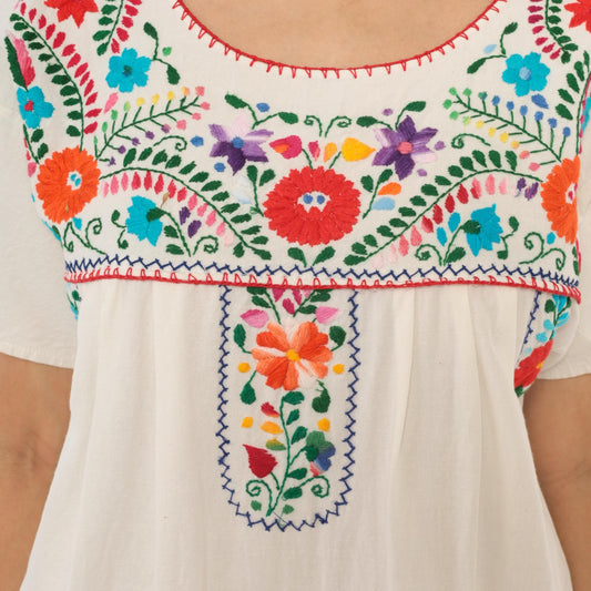 90s Mexican Puebla Embroidered Dress White Cotton Floral Midi Scoop Neck Medium M