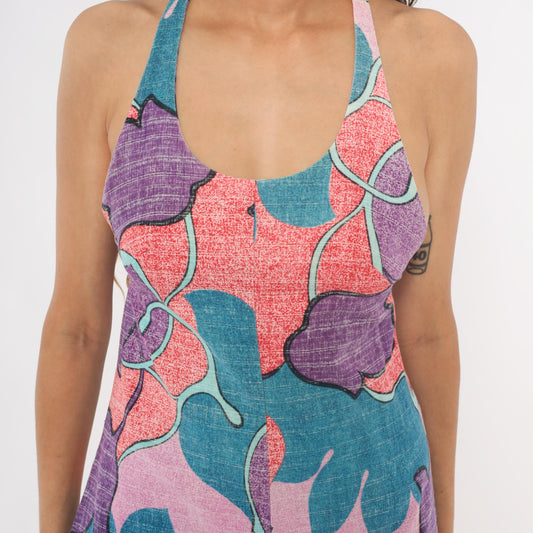 70s Psychedelic Floral Maxi Halter Dress Purple Teal Pink Cotton Small