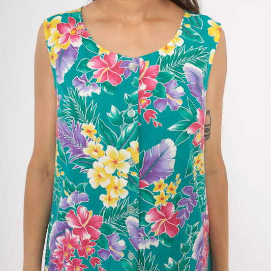 80s Kayla G Tropical Floral Sundress Teal Hawaiian Shift Knee-Length Extra Large XL