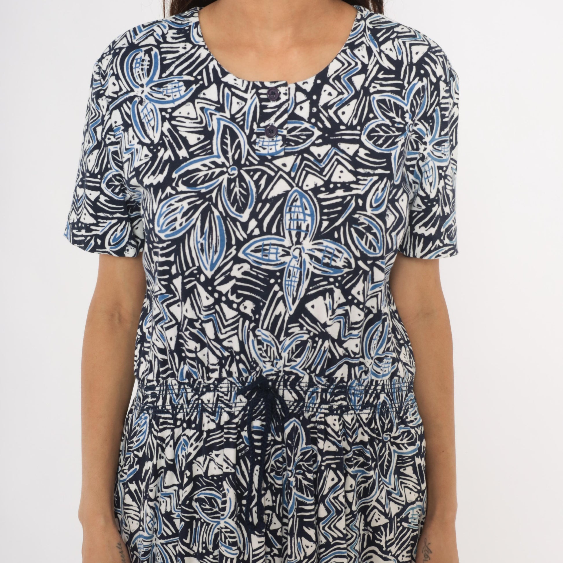 90s Via Sant Andrea Navy Floral Midi Dress Cotton Henley Button Short Sleeve Large L