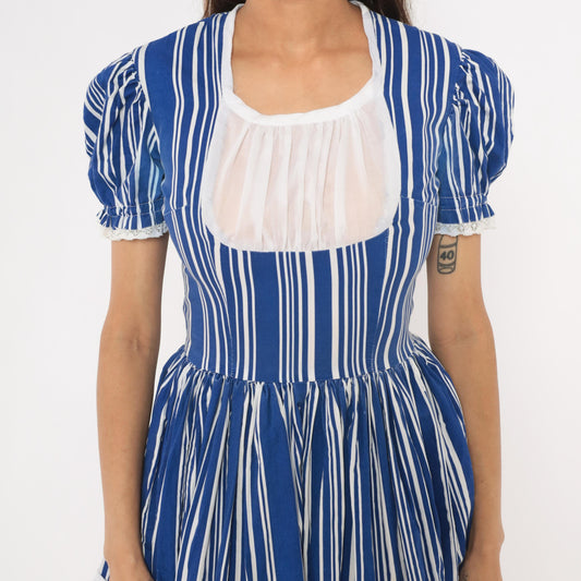 70s Striped Puff Sleeve Mini Dress Blue White Cotton Gathered Skirt Small S