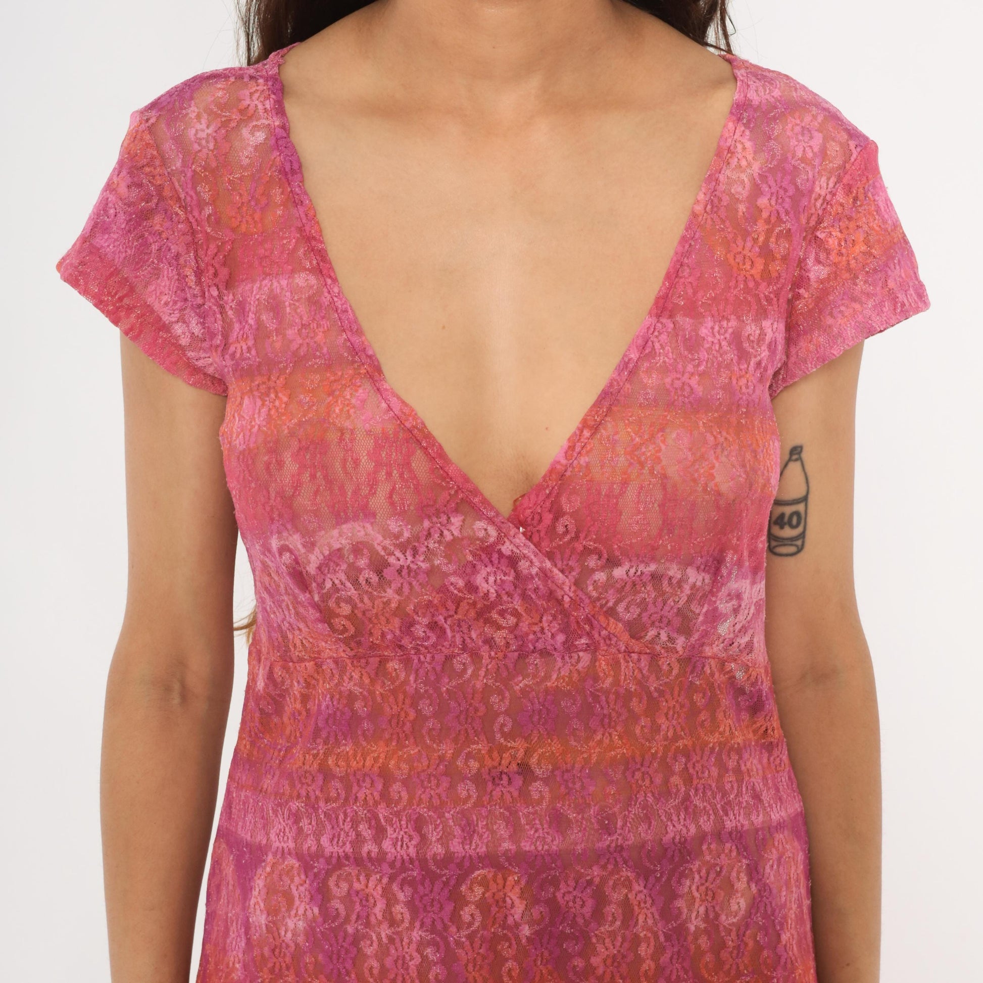 2000s Pink Ombre Floral Lace Dress V-Neck Wrap Bodice Knee Length Extra Large
