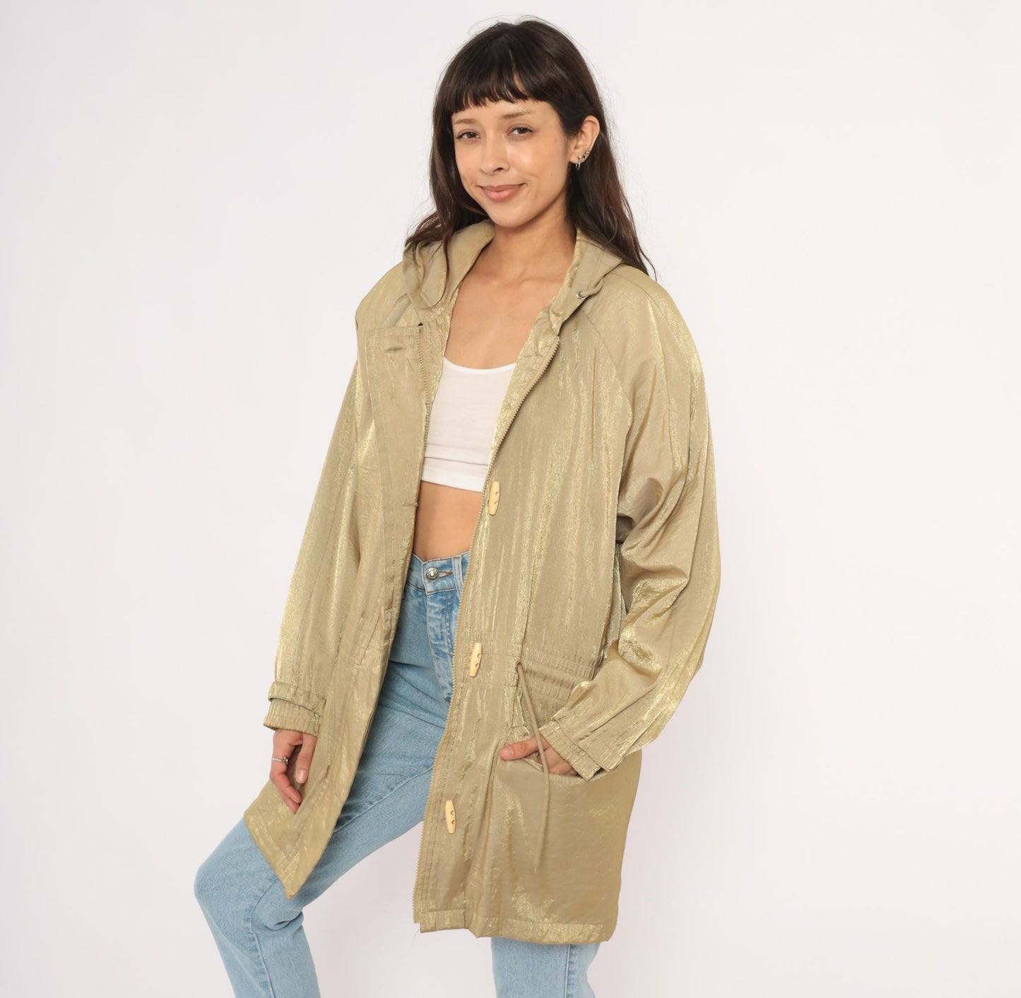 90s Diana Marco Gold Metallic Hooded Parka Windbreaker Large L