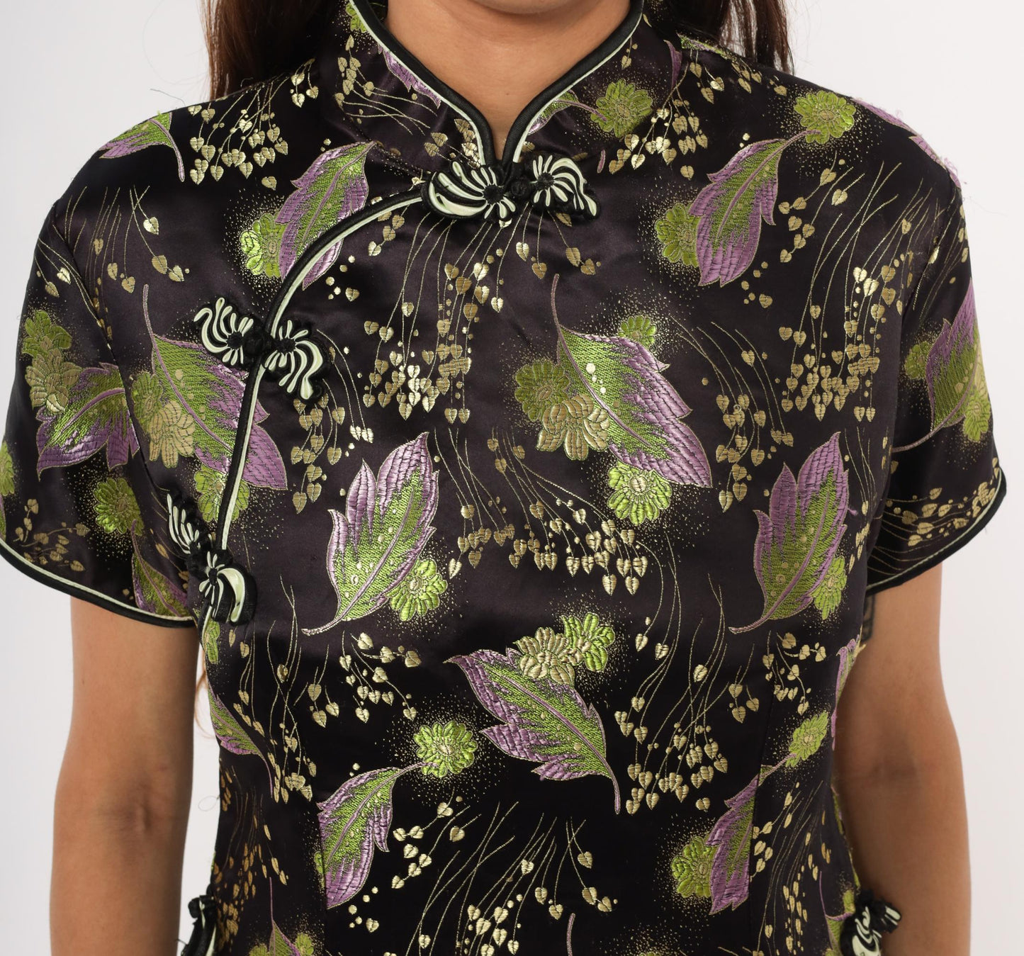 90s Mimi Cheongsam Top Black Brocade Floral Mandarin Collar Plus Size XXL