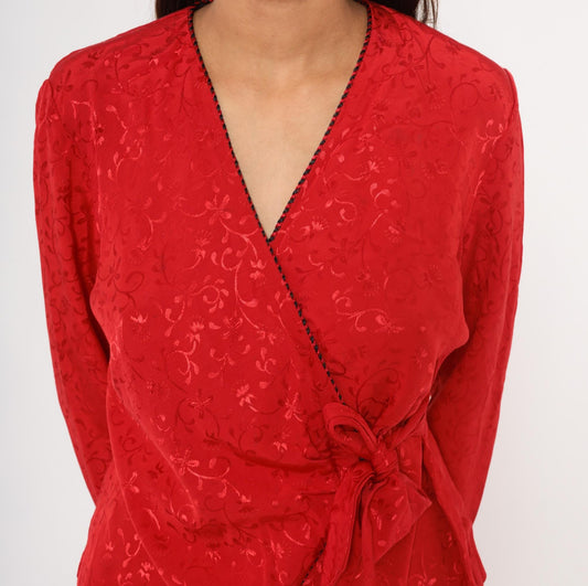 90s SL Petites Red Jacquard Wrap Blouse Floral Vine Embossed Small S