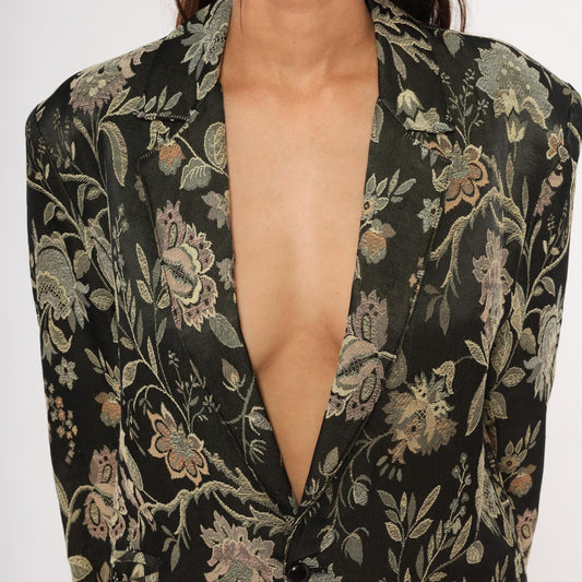 90s Z Cavaricci Floral Jacquard Blazer Black Tapestry Cotton Medium M