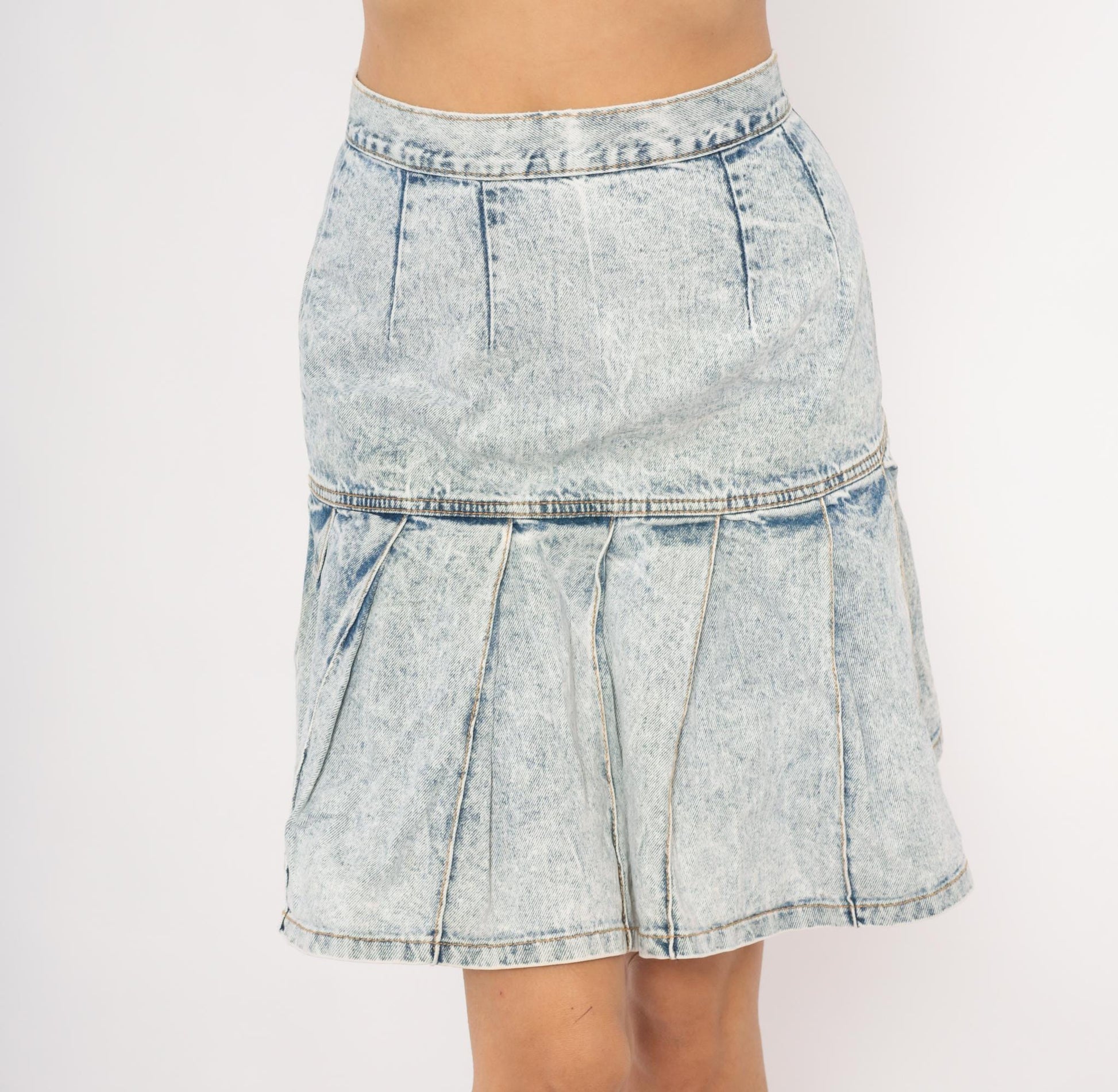 90s Free Agent Acid Wash Denim Mini Skirt Pleated Drop Waist Light Blue Small S