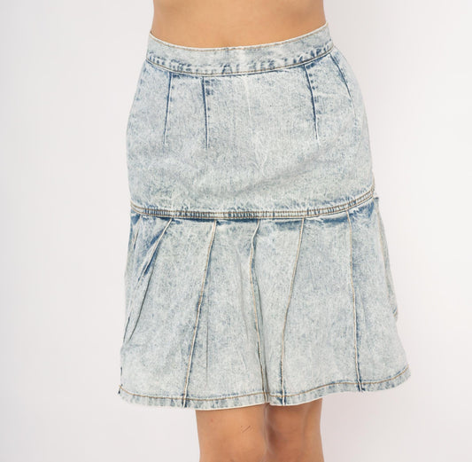 90s Free Agent Acid Wash Denim Mini Skirt Pleated Drop Waist Light Blue Small S