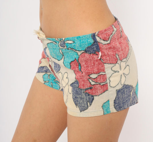 80s Jantzen Floral Drawstring Shorts Cotton Low Rise Mini Coral Turquoise Small