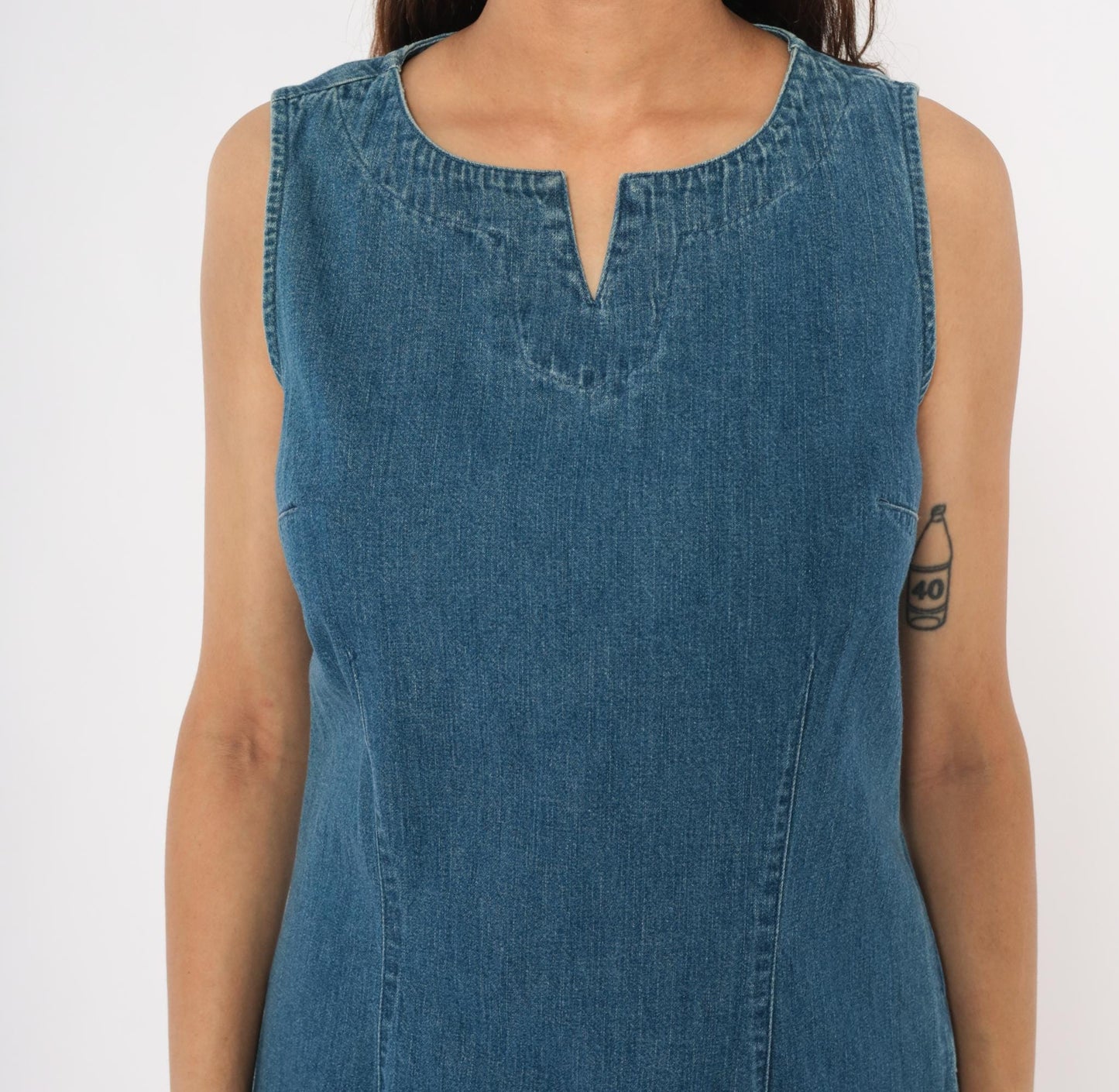 90s Cherokee Denim Shift Dress Embroidered Floral Hem Notch Neck Blue Small S