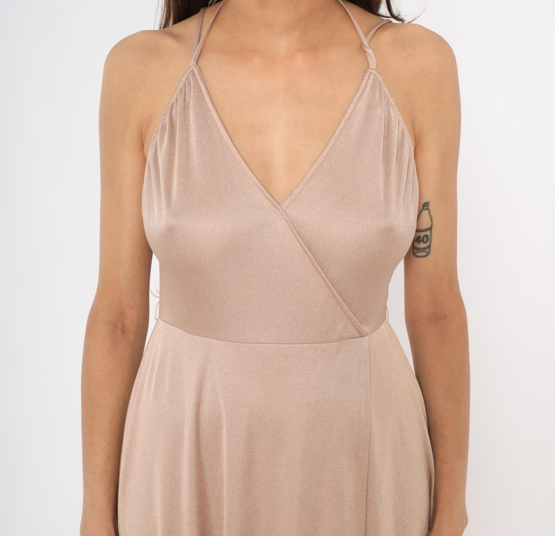 70s Nude Halter Midi Dress Wrap Front Surplice Neckline Tulip Hem Medium