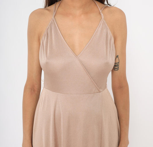 70s Nude Halter Midi Dress Wrap Front Surplice Neckline Tulip Hem Medium