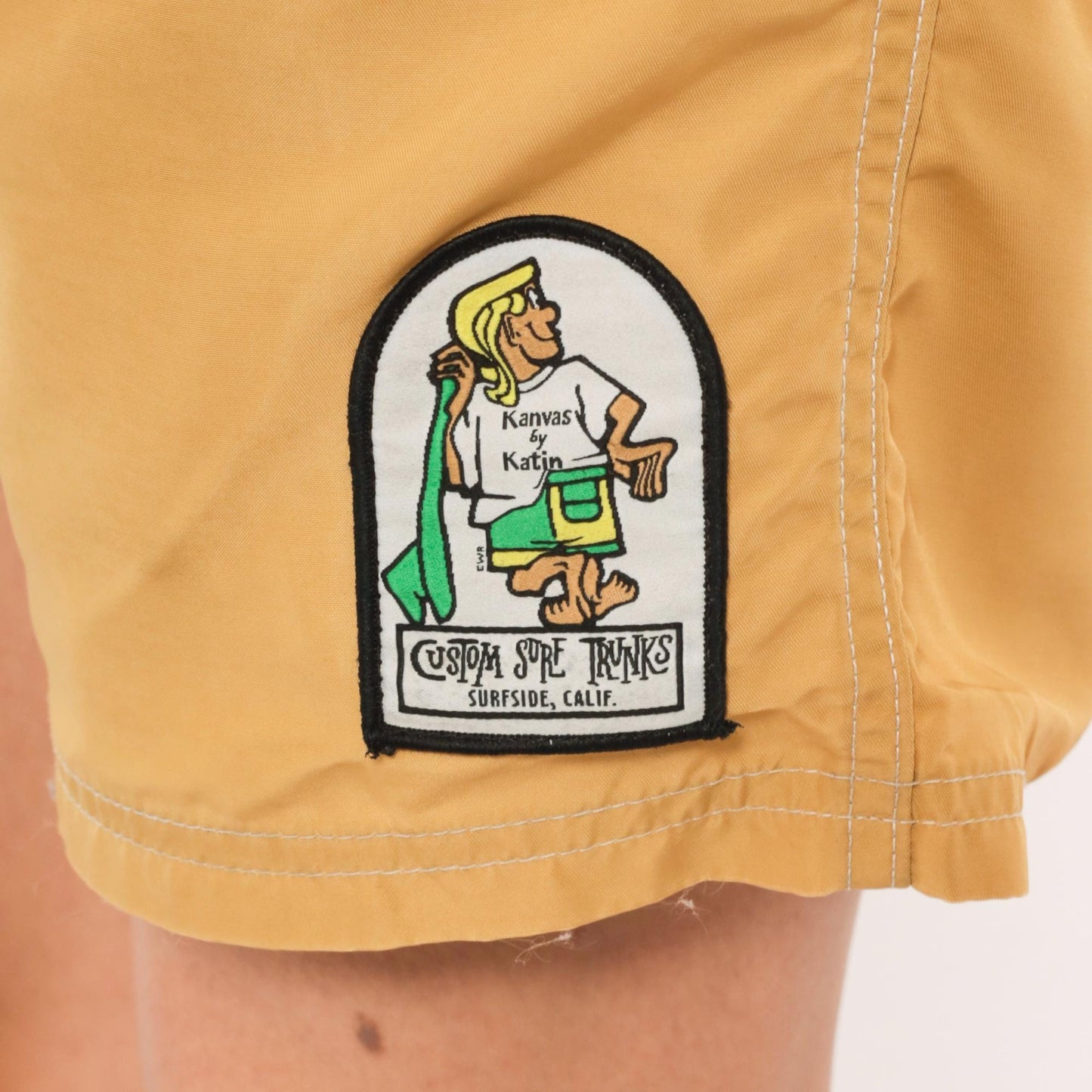 Y2K Kanvas by Katin Mustard Board Shorts Surfside California Embroidered Patch 32