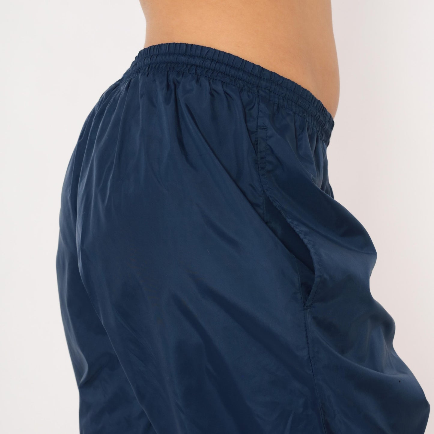 90s Nike Navy Nylon Track Pants Tapered Joggers Drawstring Large L