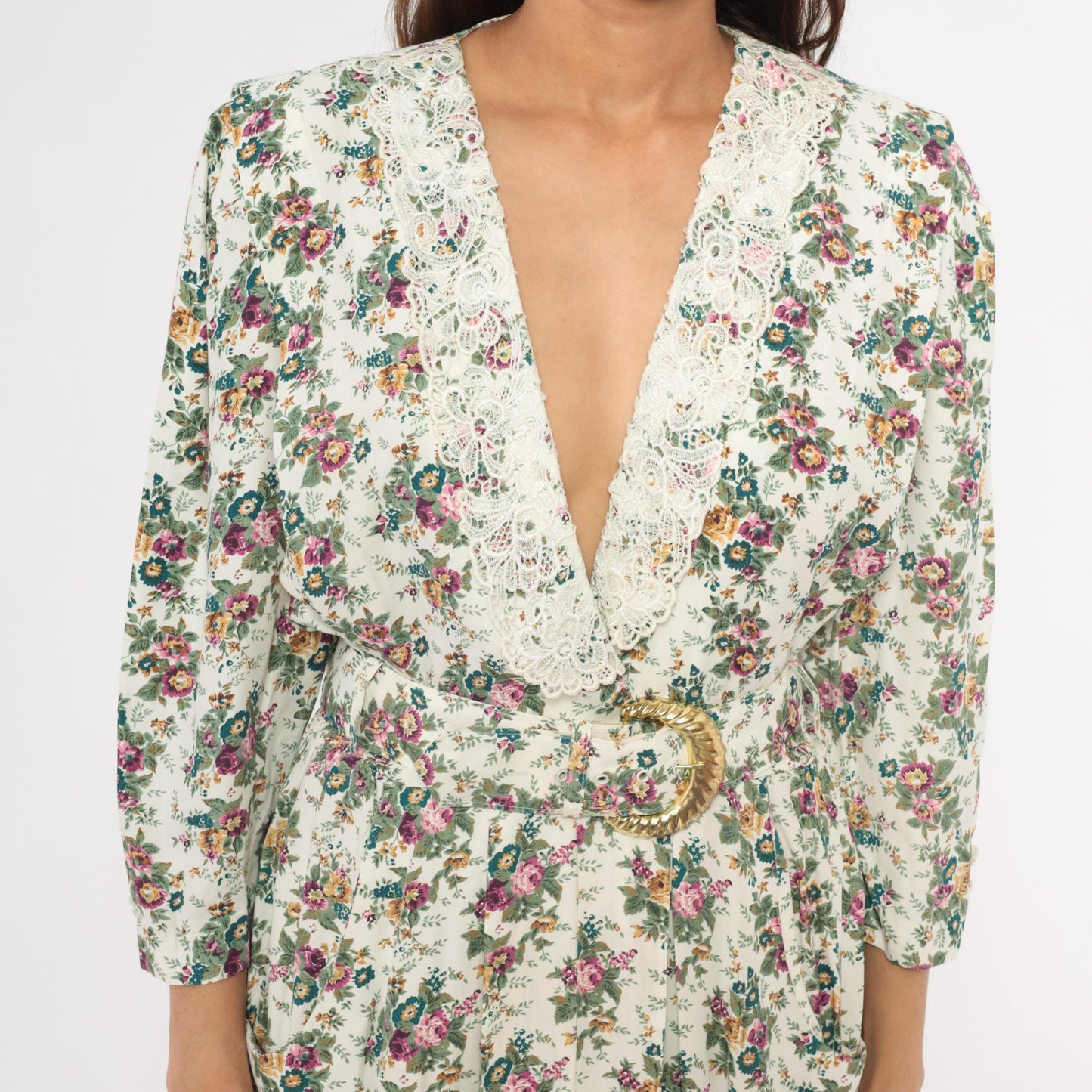 90s SL Fashions Floral Midi Dress Lace Collar V Neck Belted Gold Buckle Medium M